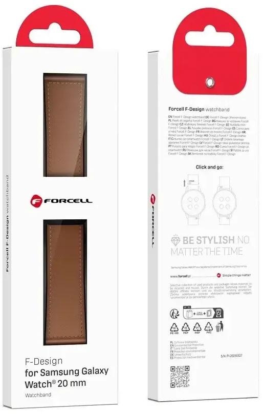 Dirželis „Samsung Galaxy Watch Forcell F-Design FS20“ magnetiniam eko odos 20 mm rudam laikrodžiui