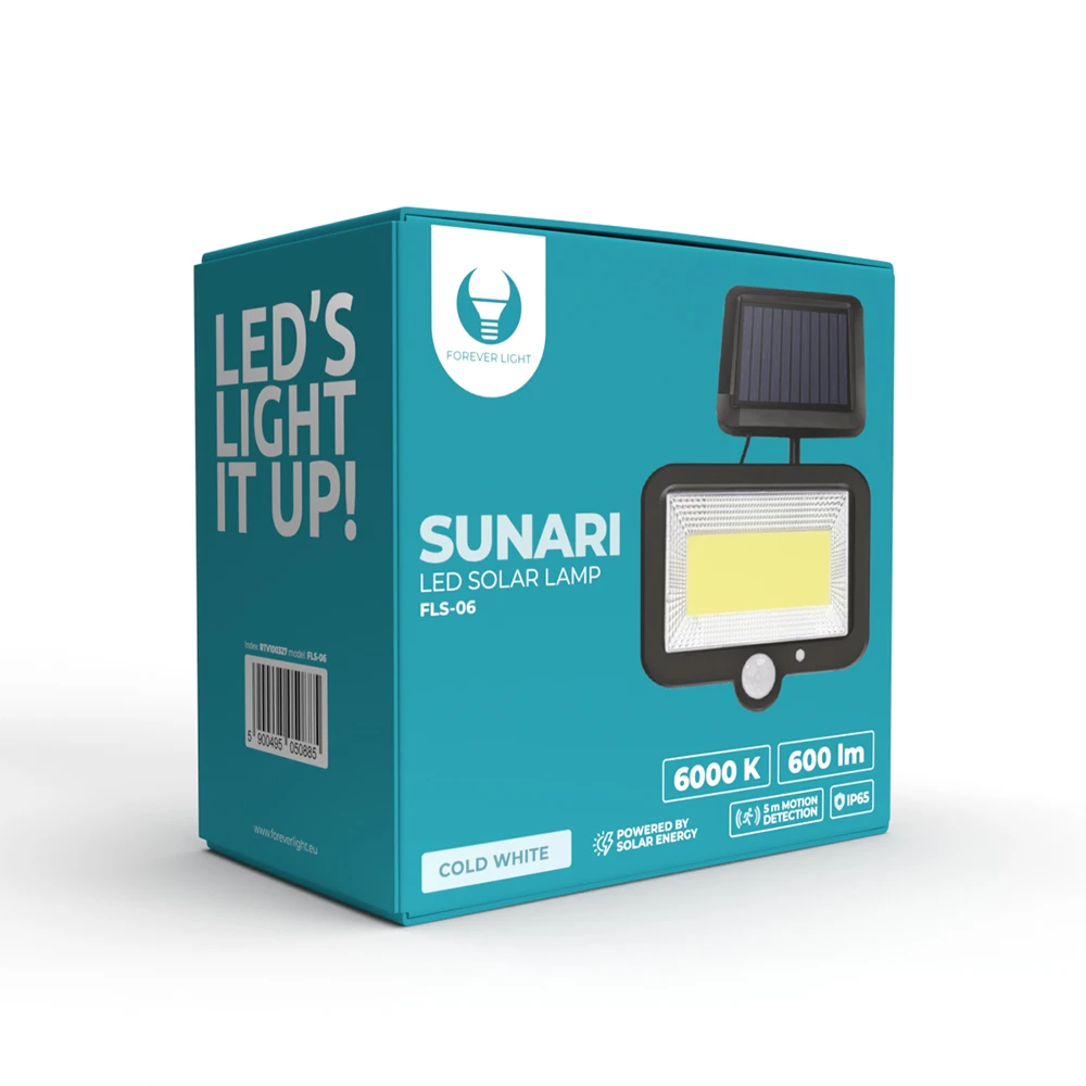 Plastrol SUNARI saulės lempa LED FLS-06 COB PIR 8W 600lm 6000K 1800mAh Li-Ion Forever Light