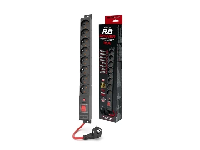 Acar R8 maitinimo laidas 8 lizdų 230V PL 1.5m 16A juodas
