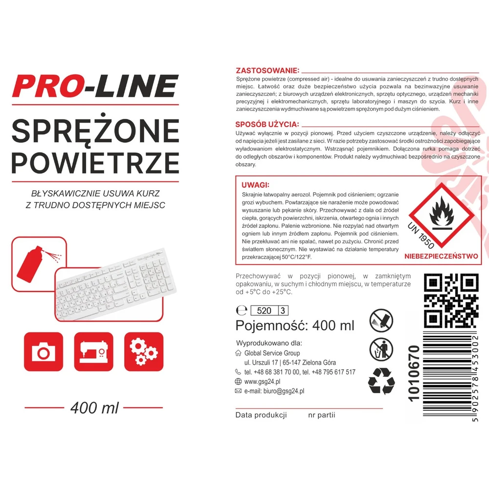 Valiklis Suslėgtas oras siuvimo mašinų elektronikai valyti PRO-LINE purškiklis 400ml