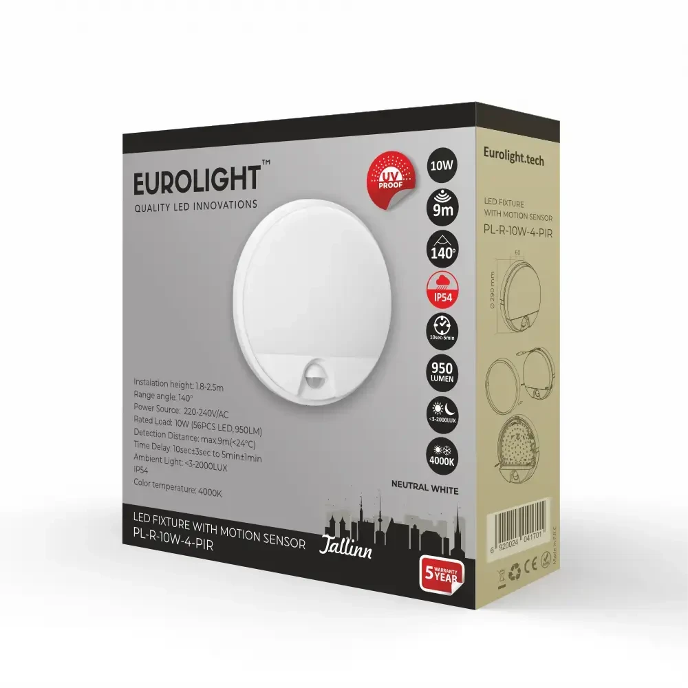 Sieninis šviestuvas Eurolight Šviestuvas Tallin round LED, su judesio davikliu, 10W, 4000K, IP54 950lm