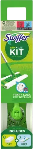 Swiffer Sweeper Starter Kit XXL: grindų šluota + sausos šluostės (8vnt.) + šlapios šluostės (3vnt.)