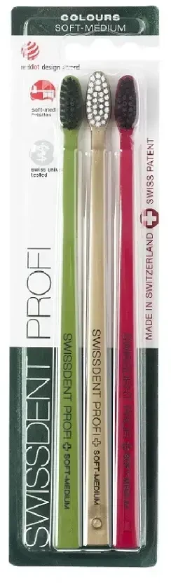 Swissdent Profi Colours minkštas vidutinio dydžio dantų šepetėlis 2 vnt. + 1 vnt.