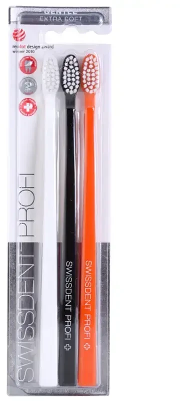 Swissdent Colours Gentle Extra-Soft Trio Toothbrushes ypač švelnūs dantų šepetėliai, spalva: Baltas, Juodas, Oranžinis, 3 vnt.