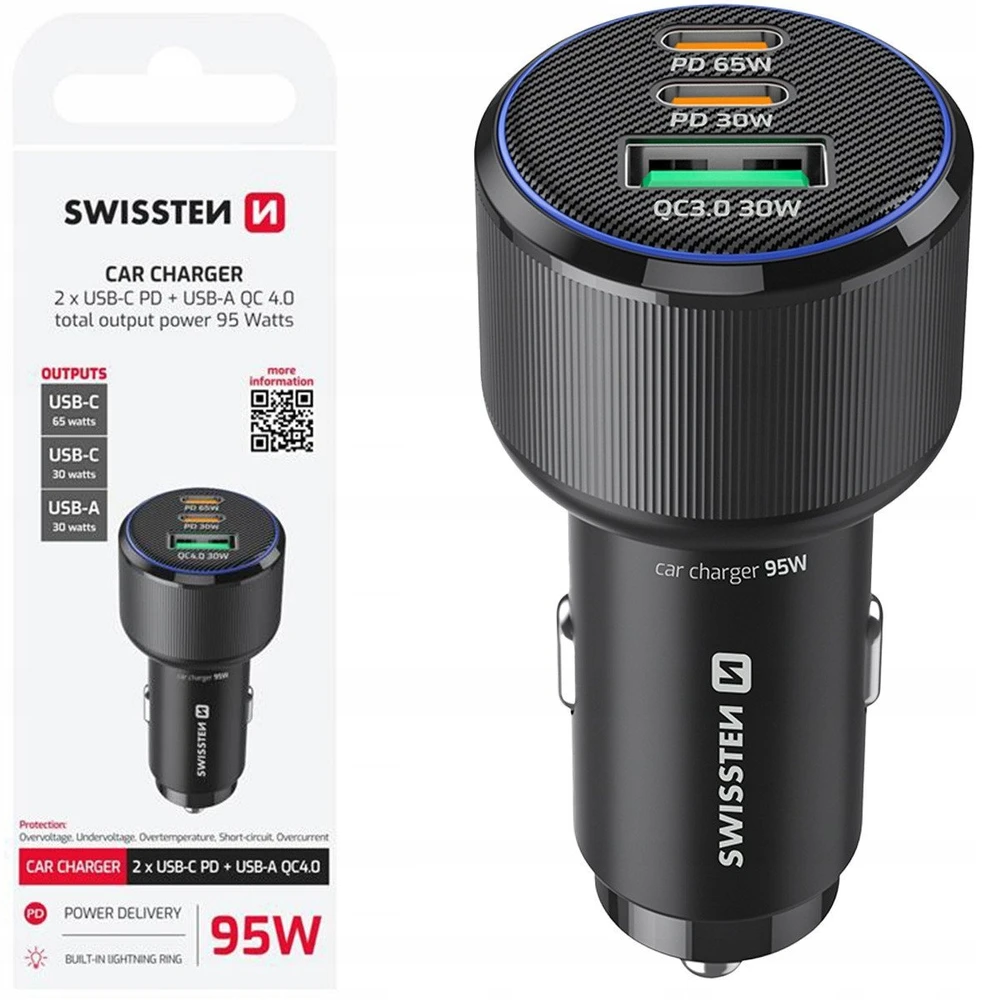 Įkroviklis Swissten Car Charger 2x USB-C PD / USB / 95W