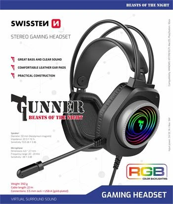 Swissten Gunner ausinės su RGB apšvietimu ir mikrofonu