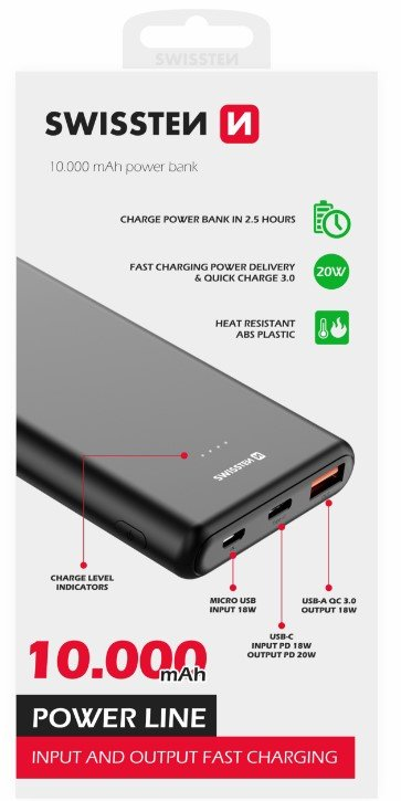 Swissten Power Bank 10000 mAh 20W Power Delivery juoda