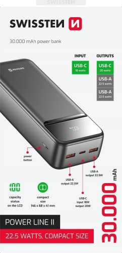 SWISSTEN, Nešiojamoji baterija, POWER LINE II, Li-Pol, 5/9/12V, telefonams ir kitiems įrenginiams įkrauti, 22013948, 30000mAh, juoda