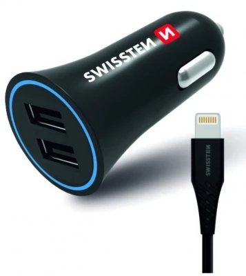 Swissten Premium automobilinis įkroviklis 12 - 24V / 1A + 2.1A + Lightning duomenų kabelis 1,2m