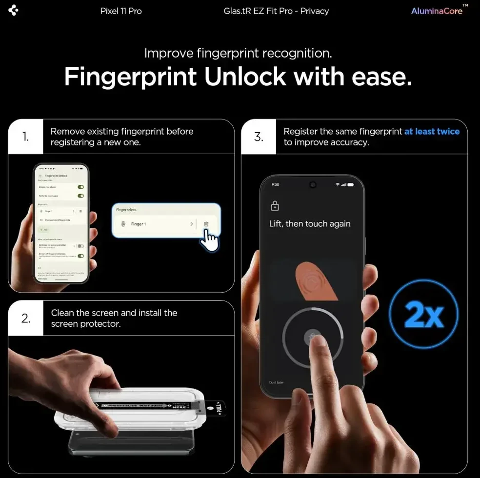 PRIVATUMĄ UŽTIKRINANTIS STIKLAS Spigen GLAS.TR EZ FIT PRO AC 2-PACK GOOGLE PIXEL 9 / 9 PRO / 10 PRO / 11 PRO PRIVACY