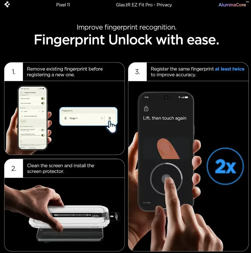 PRIVATUMĄ UŽTIKRINANTIS STIKLAS SPIGEN GLAS.TR EZ FIT PRO AC 2-PACK GOOGLE PIXEL 10 / 11 PRIVACY