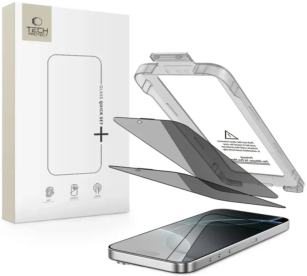 „Tech-Protect Quick Set Spy+“ privatumo stiklų, skirtų „iPhone 16 Pro“, 2 vnt. pakuotėje