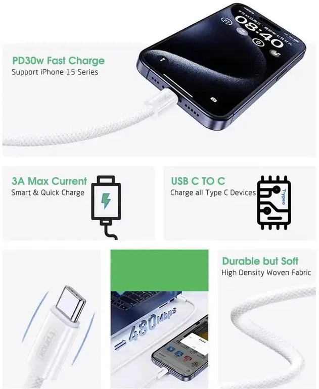 T-PHOX CC15 SERIJOS USB-C/USB-C LAIDAS 60W 3A Baltas