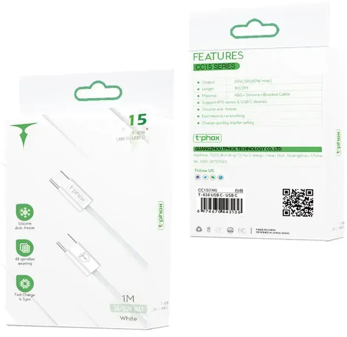 T-PHOX CC15 SERIJOS USB-C/USB-C LAIDAS 60W 3A Baltas