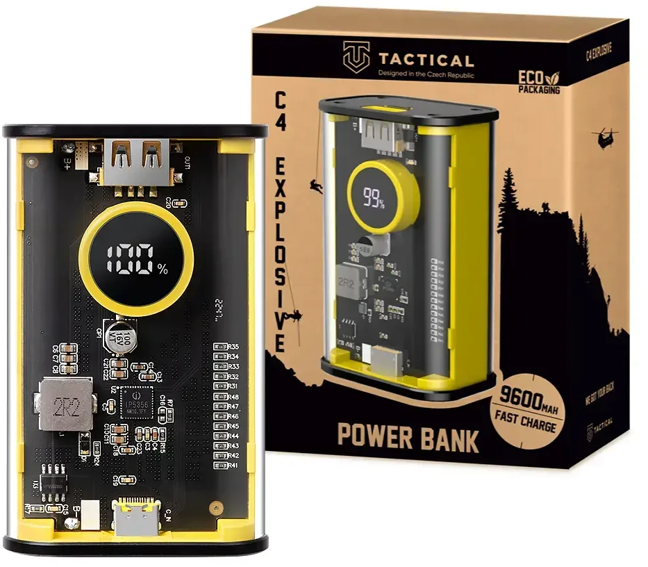 Tactical C4 Explosive 9600mAh PowerBank - išorinis maitinimo šaltinis su sparčiu įkrovimu geltonos spalvos