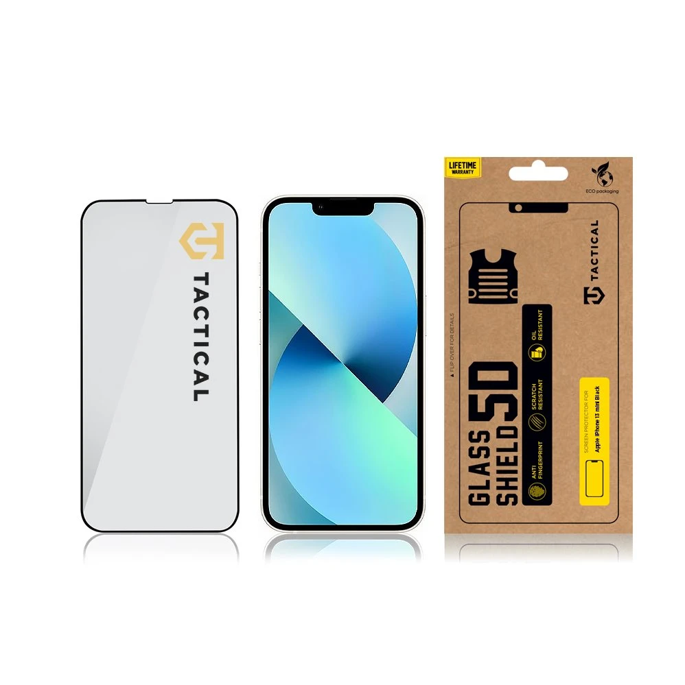 Tactical apsauginis stiklas Shield 5D skirtas Apple iPhone 13 mini su juodos spalvos krašteliu