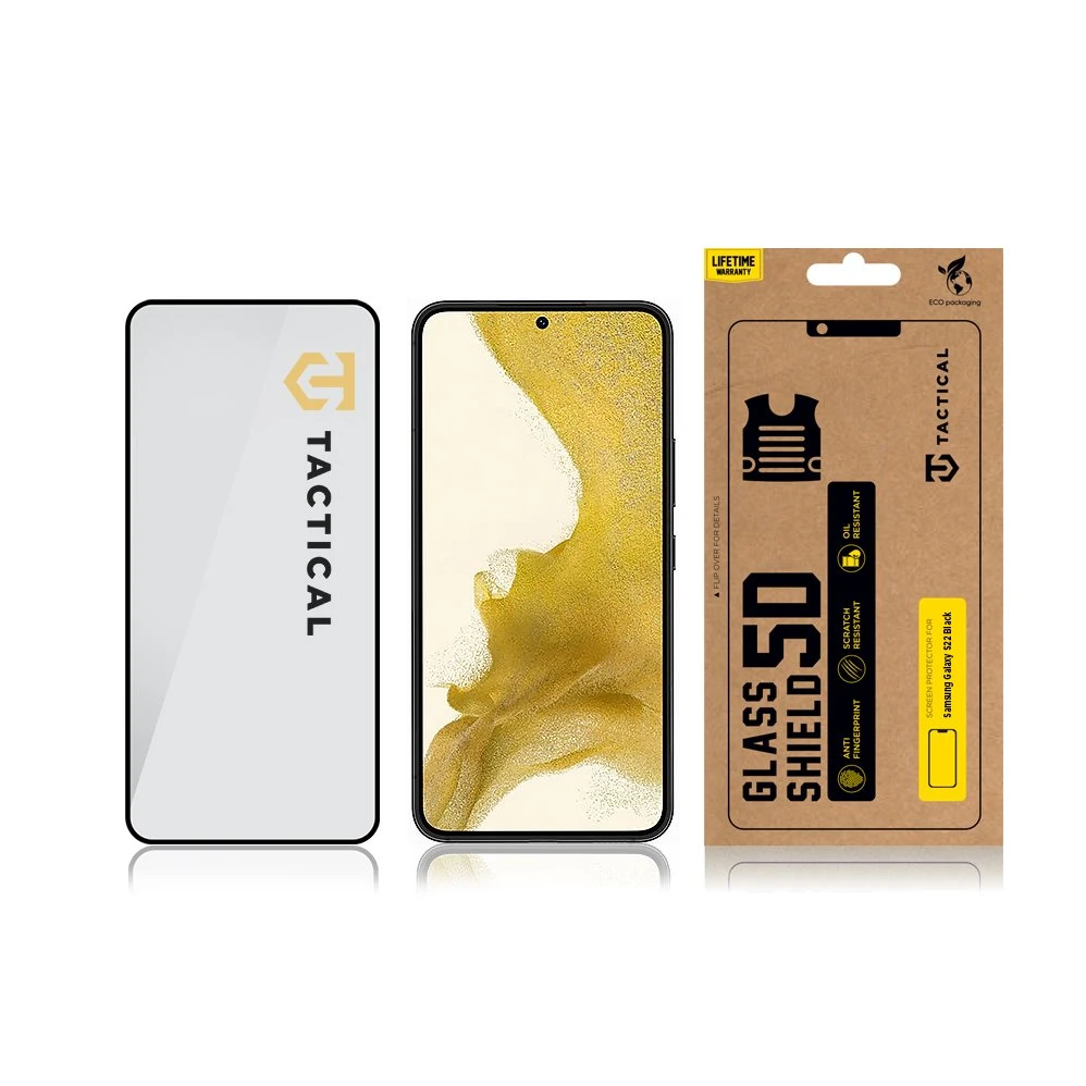 Tactical apsauginis stiklas Shield 5D skirtas Samsung Galaxy S22 su juodos spalvos krašteliu