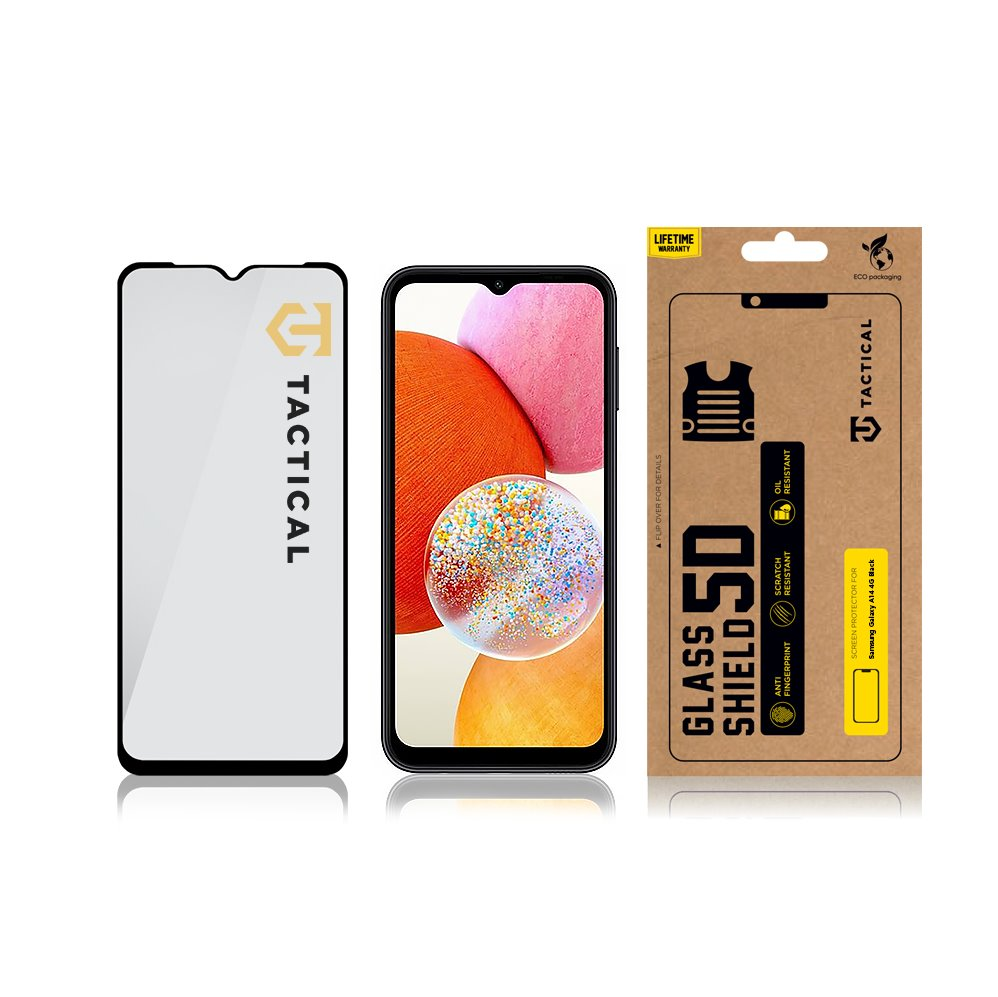 Tactical apsauginis stiklas Shield 5D skirtas Samsung Galaxy A14 4G su juodos spalvos krašteliu