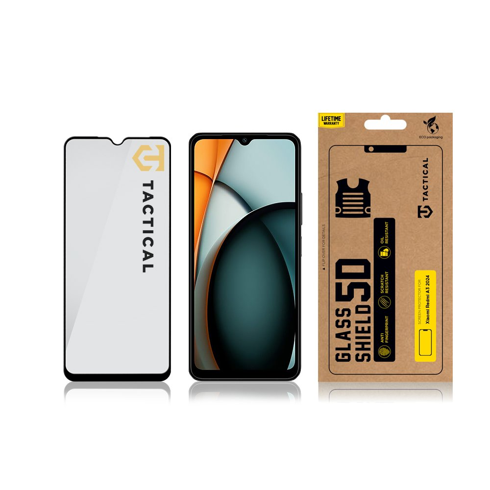 Tactical apsauginis stiklas Shield 5D skirtas Xiaomi Redmi A3 2024 su juodos spalvos krašteliu