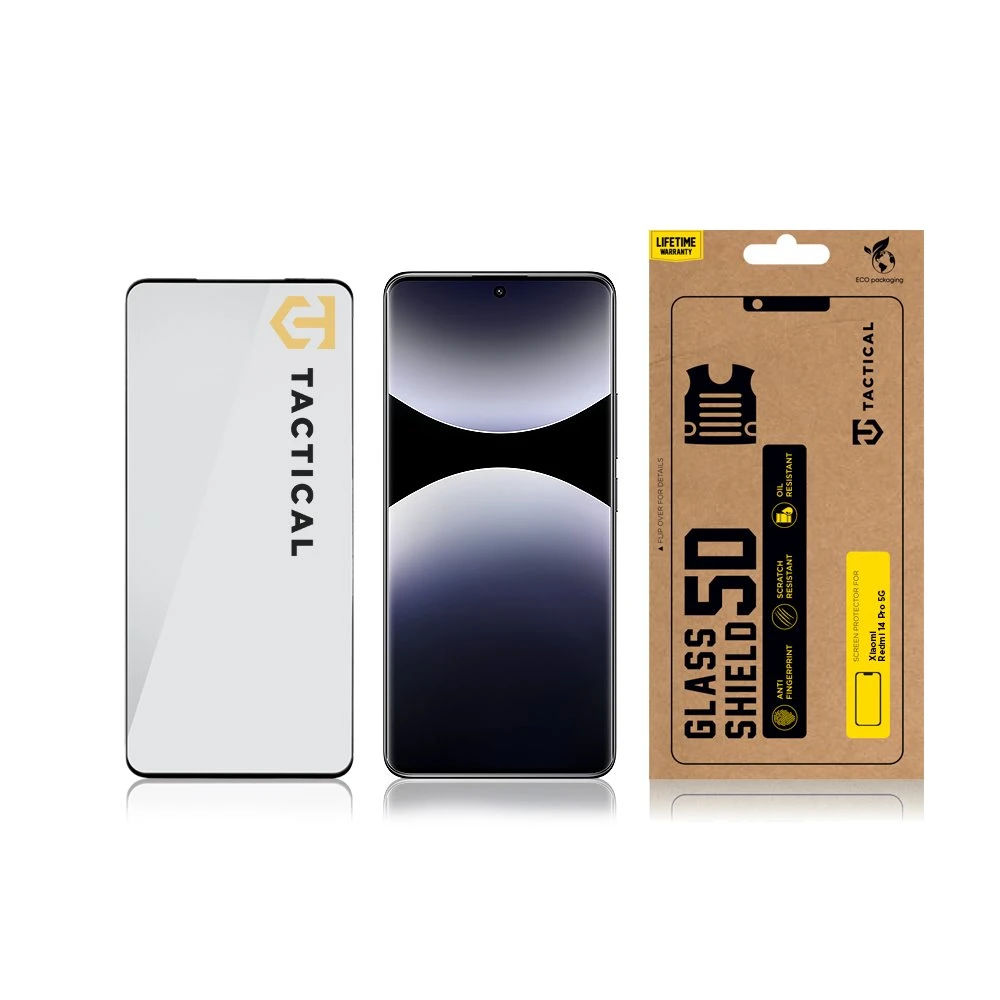 Tactical apsauginis stiklas Shield 5D skirtas Xiaomi Redmi Note 14 Pro 5G su juodos spalvos krašteliu