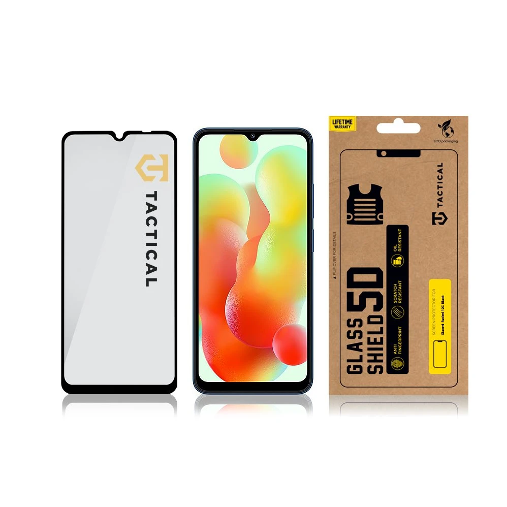 Tactical apsauginis stiklas Shield 5D skirtas Xiaomi Redmi 12C su juodos spalvos krašteliu