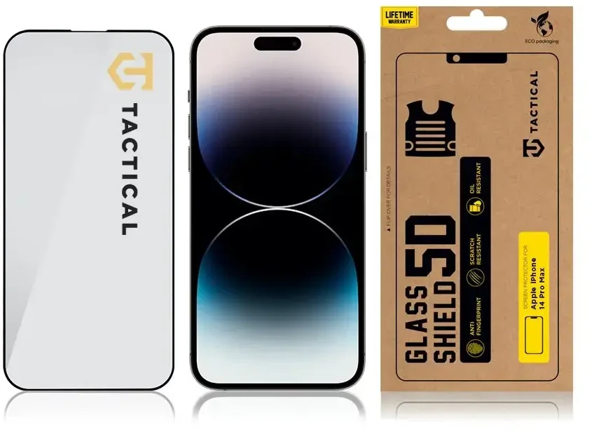 Tactical apsauginis stiklas Shield 5D skirtas Apple iPhone 14 Pro Max su juodos spalvos krašteliu