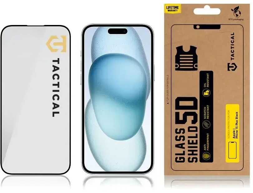 Tactical apsauginis stiklas Shield 5D skirtas Apple iPhone 15 Plus su juodos spalvos krašteliu