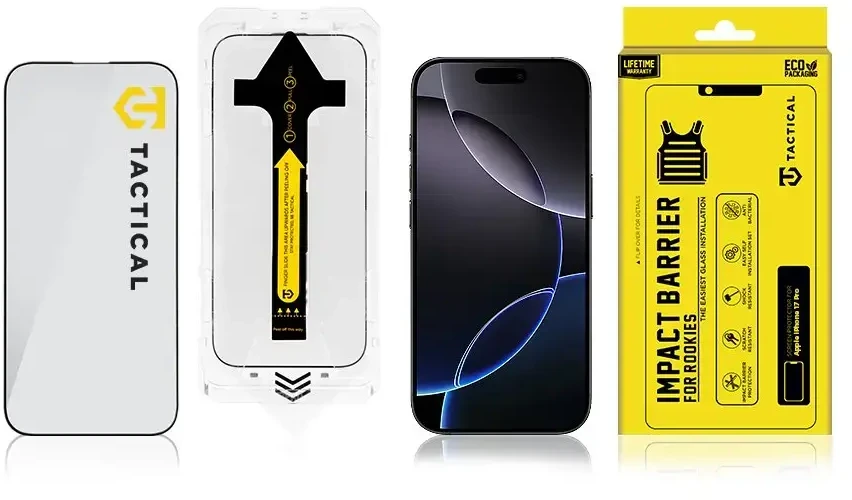 „Tactical Impact Barrier Rookies“ akiniai nuo saulės, skirti „Apple iPhone 17 Pro“ telefonui.