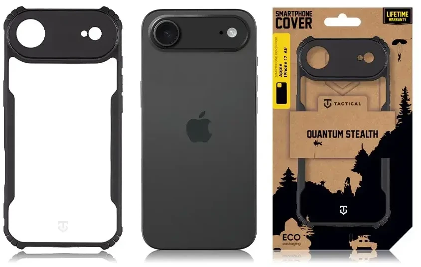 Tactical „Quantum Stealth“ dėklas, skirtas „Apple iPhone 17 Air“, skaidrus juodas