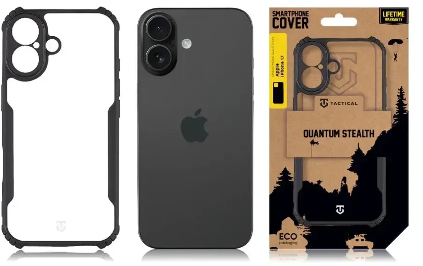 Dėklas Tactical Quantum Stealth dangtelis, skirtas Apple iPhone 17, permatomas juodas