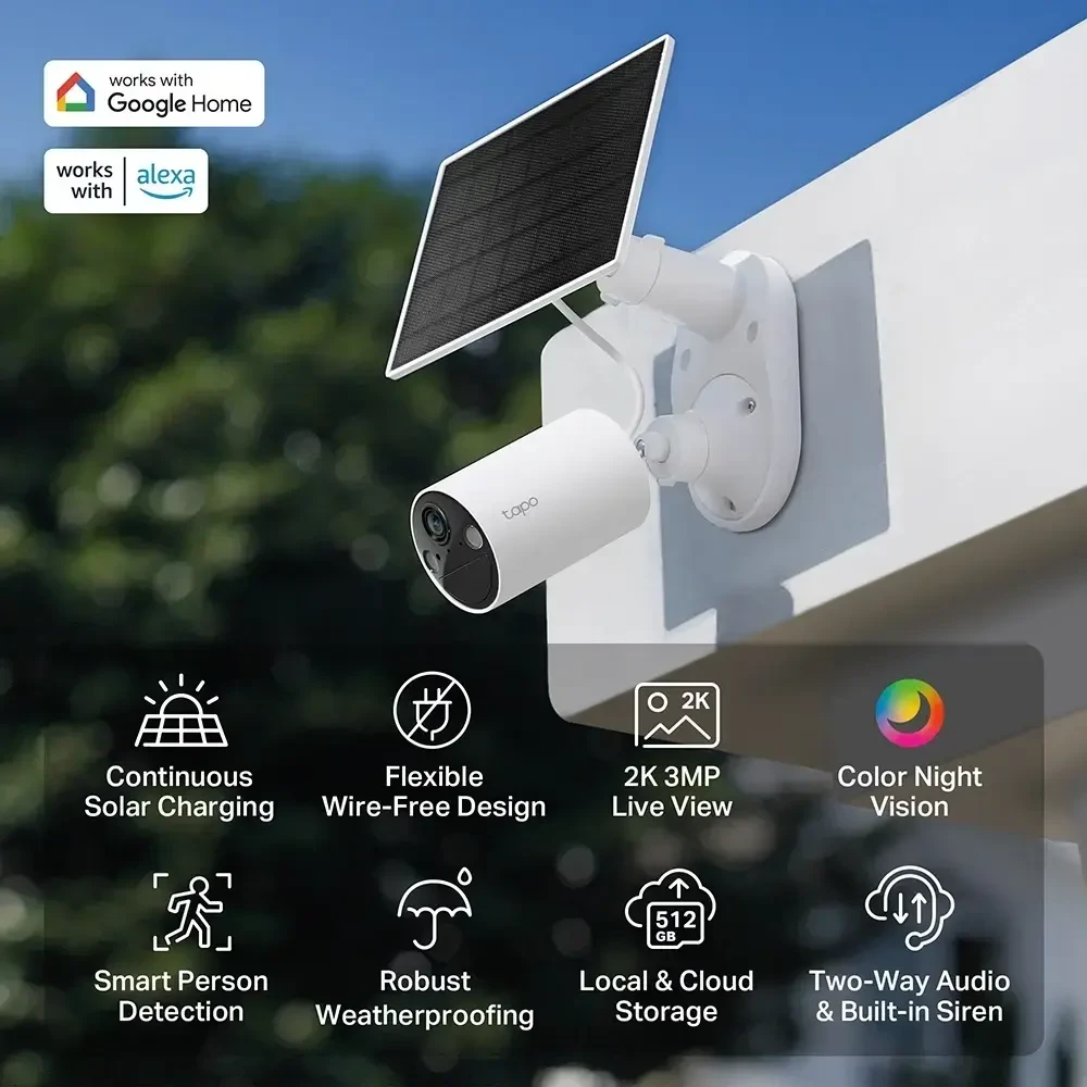 TP-LINK | Saulės energija varoma apsaugos kamerų rinkinys | Tapo C410 rinkinys | Kulka | 3 MP | 3.17mm/F1.65 | IP65 | H.264 | „MicroSD“ kortelė, iki 512 GB