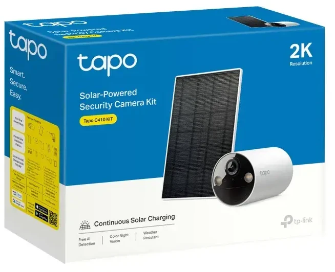 TP-LINK | Saulės energija varoma apsaugos kamerų rinkinys | Tapo C410 rinkinys | Kulka | 3 MP | 3.17mm/F1.65 | IP65 | H.264 | „MicroSD“ kortelė, iki 512 GB
