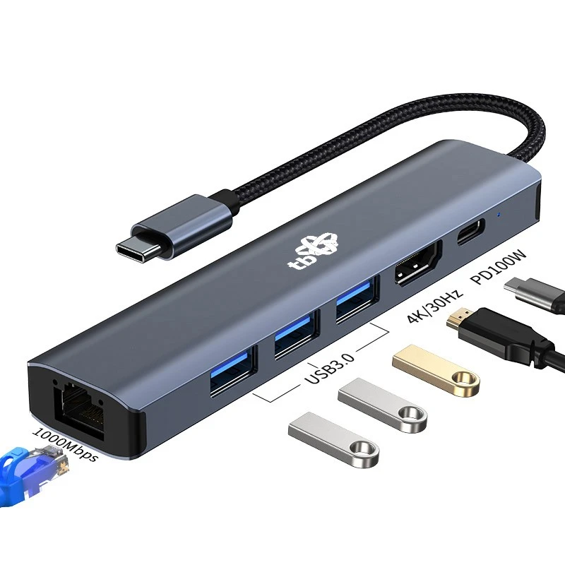 TB Adapteris ŠAKOTUVAS USB C 6w1 - HDMI, USBx3, PD, RJ-45