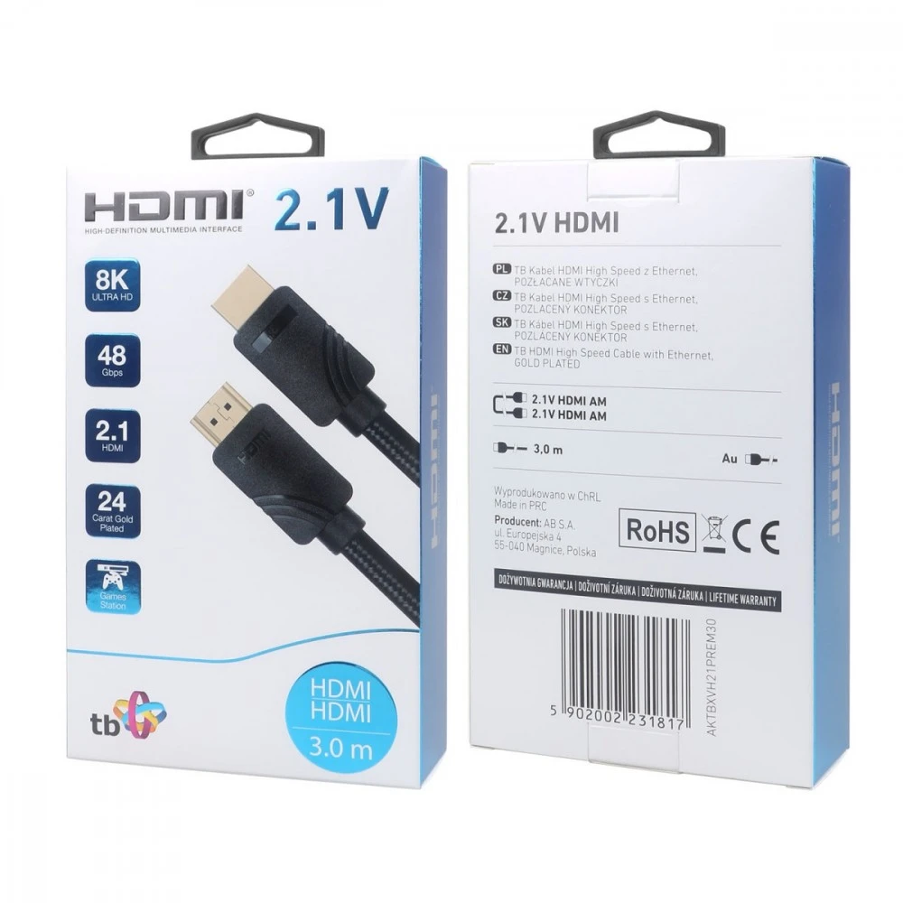 TB HDMI 2.1 3m laido pakuotė iš abiejų pusių