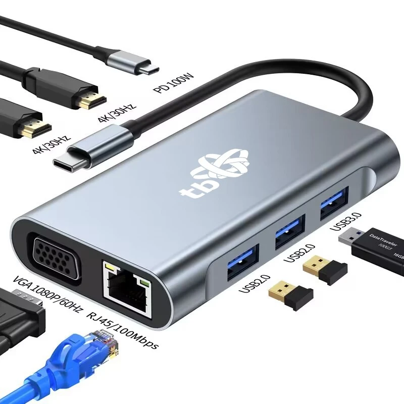 USB-C šakotuvas 8w1 su prievadų aprašymais