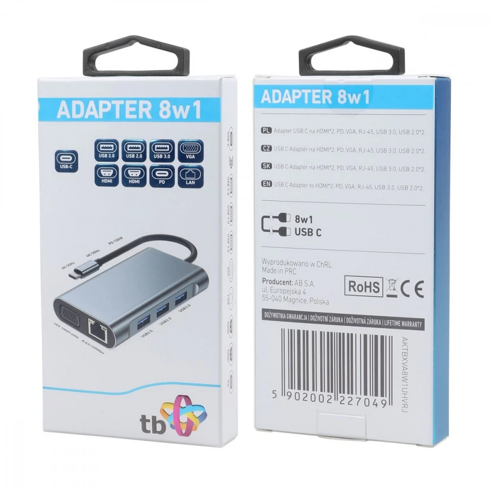 TB USB C šakotuvo adapteris 8w1 HDMIx2 USB VGA RJ45 PD