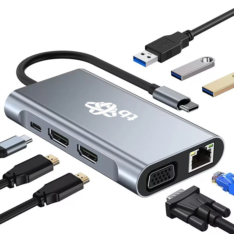 TB USB C šakotuvo adapteris 8w1 HDMIx2 USB VGA RJ45 PD