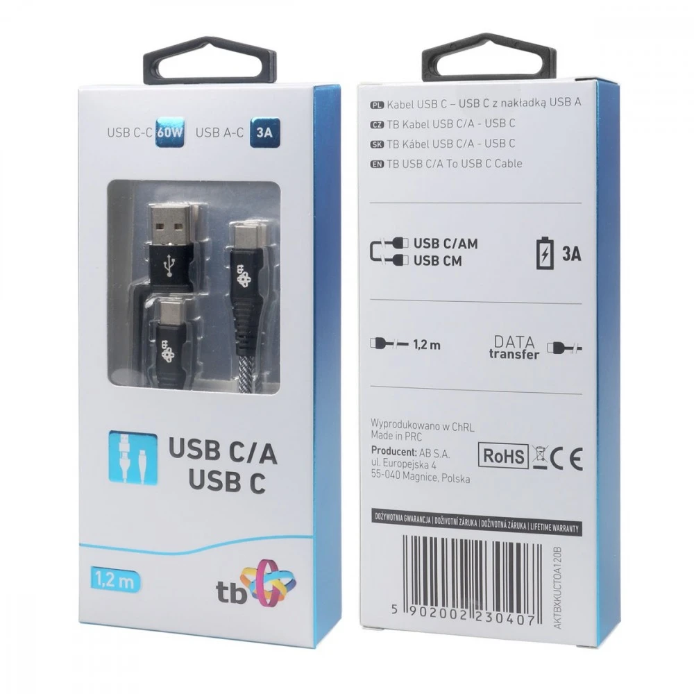 USB kabelis TB USB-A + USB-C - USB-C 1,2 m juodas (AKTBXKUCTOA120B)