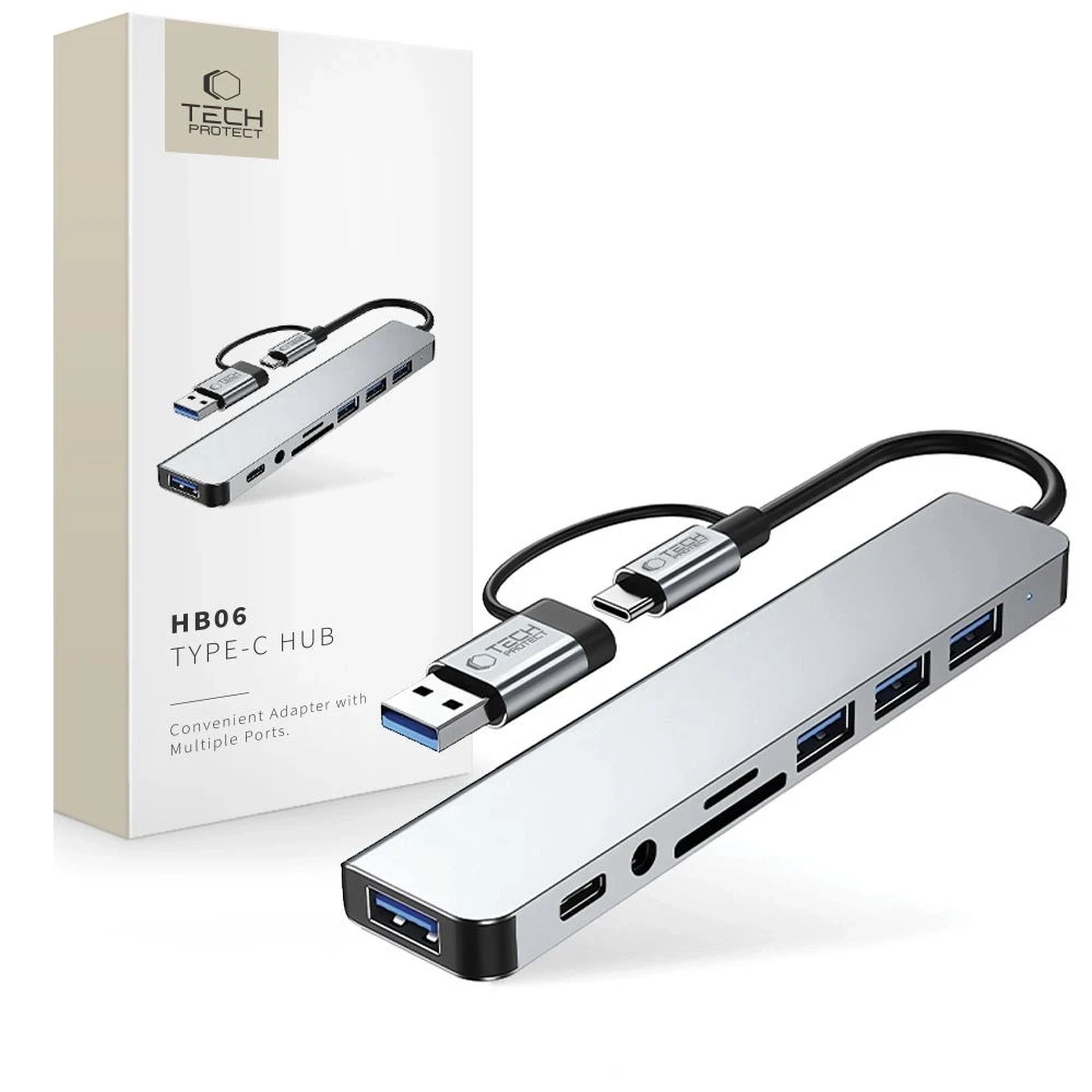 Tech-Protect HB06 HUB Adapteris 8in1 TYPE-C + USB2.0 + USB3.0 + SD/TF + AV3.5 - pilka