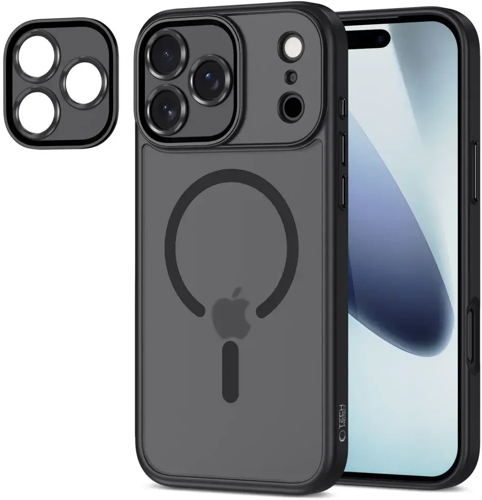 „TECH-PROTECT MagCam“ telefono dėklas su „MagSafe“ palaikymu, skirtas „Apple iPhone 17 Pro“, matinės juodos spalvos.