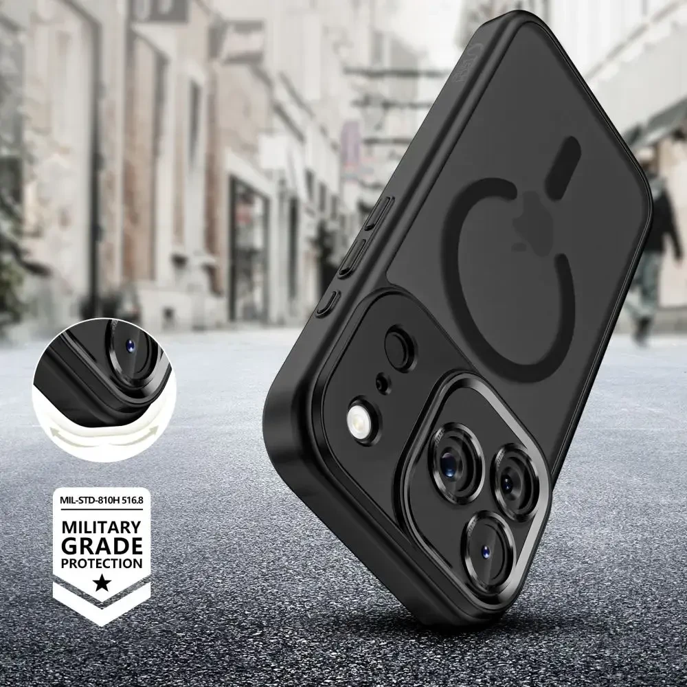 „TECH-PROTECT MagCam“ telefono dėklas su „MagSafe“ palaikymu, skirtas „Apple iPhone 17 Pro“, matinės juodos spalvos.