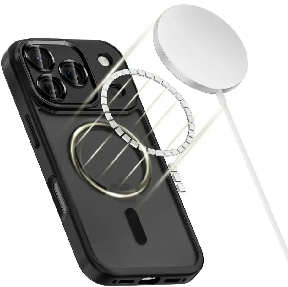 „TECH-PROTECT MagCam“ telefono dėklas su „MagSafe“ palaikymu, skirtas „Apple iPhone 17 Pro“, matinės juodos spalvos.