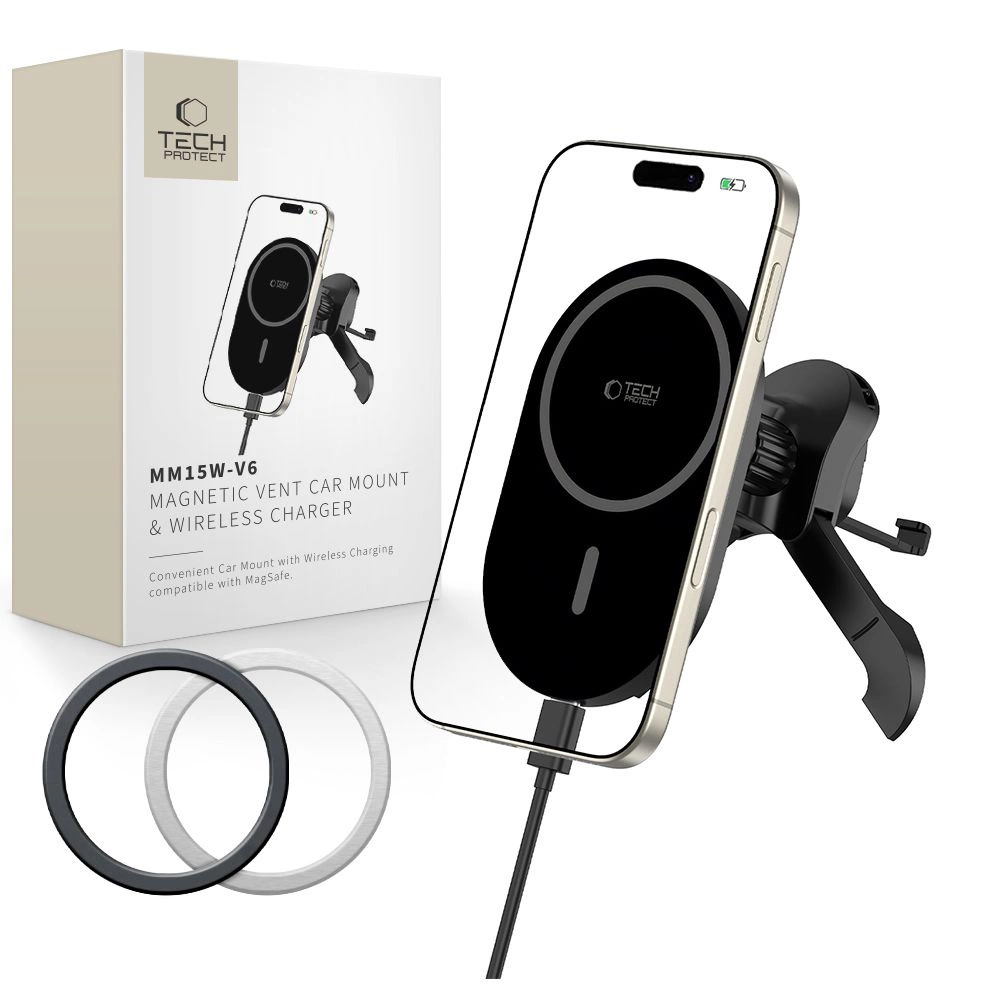„TECH-PROTECT MM15W-V6“ magnetinis „MagSafe“ stabilus automobilio laikiklis, belaidis įkroviklis, 15 W, Juodas/Juodas