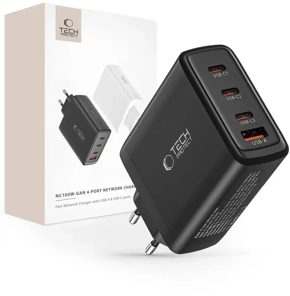 Laidinis įkroviklis 100W 3x USB-C PD + QC3.0 USB Tech-Protect NC100W-GAN juodos spalvos