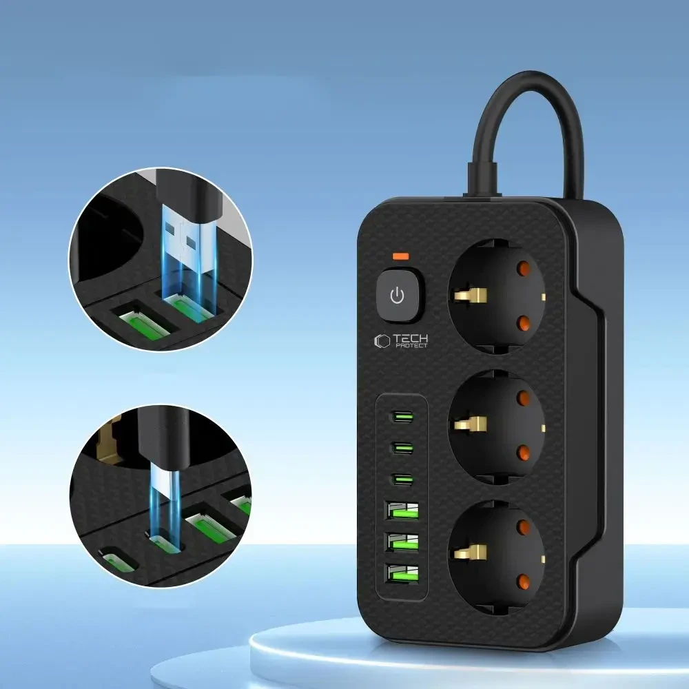 „TECH-PROTECT PC3X6“ maitinimo laidas, 3 USB ir 3 C tipo bei 3 lizdai, 200 cm, juodas