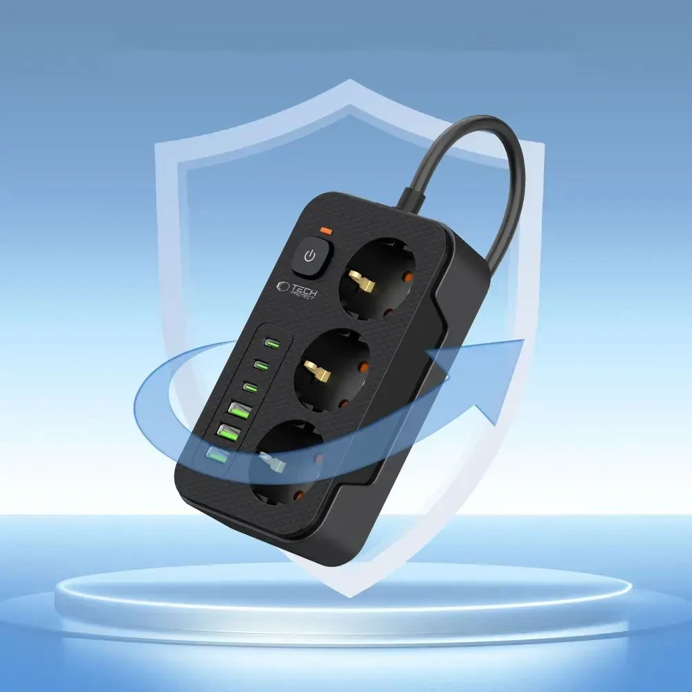 „TECH-PROTECT PC3X6“ maitinimo laidas, 3 USB ir 3 C tipo bei 3 lizdai, 200 cm, juodas