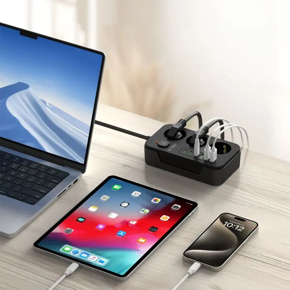 „TECH-PROTECT PC3X6“ maitinimo laidas, 3 USB ir 3 C tipo bei 3 lizdai, 200 cm, juodas
