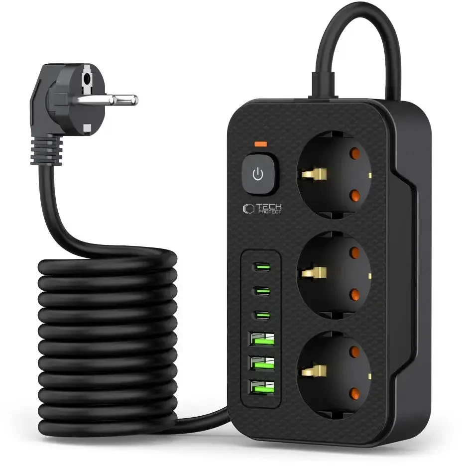 „TECH-PROTECT PC3X6“ maitinimo laidas, 3 USB ir 3 C tipo bei 3 lizdai, 200 cm, juodas