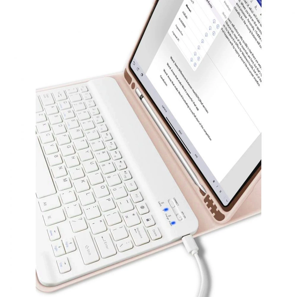 4Kom Tech-Protect SC Pen + klaviatūra su klaviatūra iPad 10.9” 10 / 2022 / 11” 11 / 2025 – dėklas planšetiniam kompiuteriui rožinės spalvos