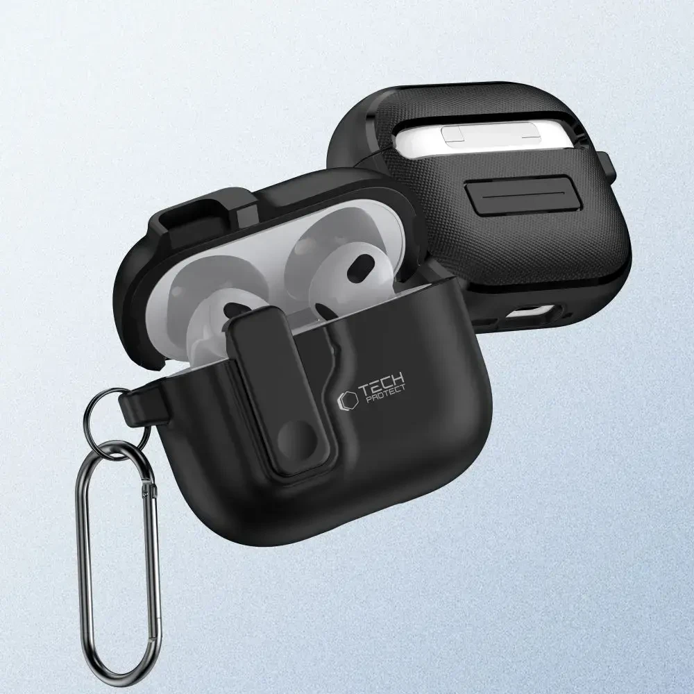 AirPods 4 Tech-Protect Slim Hook dėklas jūsų ausinėms juodos spalvos